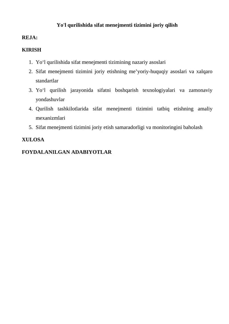 Yo'l qurilishida sifat menejmenti tizimini joriy qilish