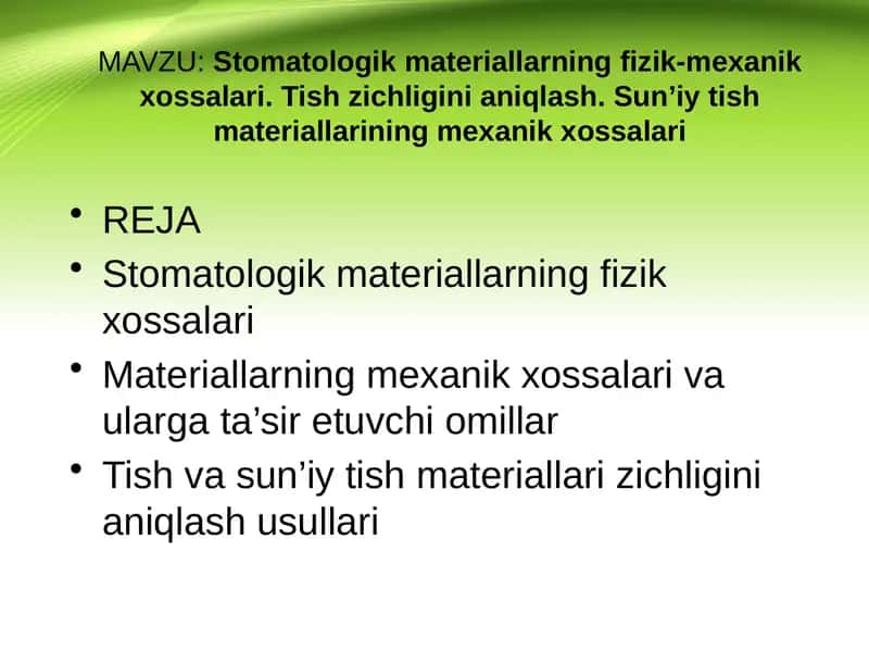 Stomatologik materiallarning fizik-mexanik xossalari. Tish zichligini aniqlash. Sun’iy tish materiallarining mexanik xossalari