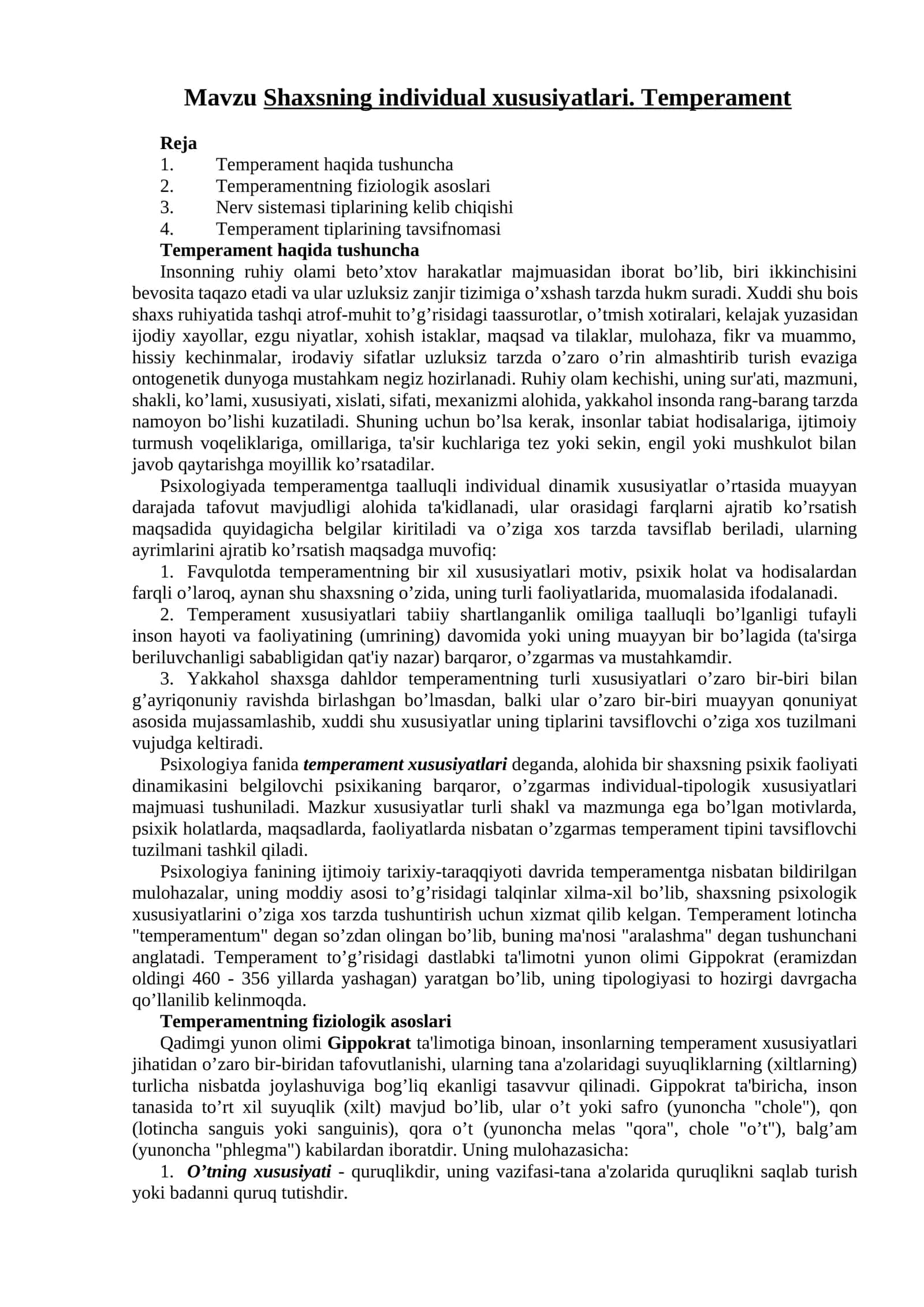 Shaxsning individual xususiyatlari. Temperament