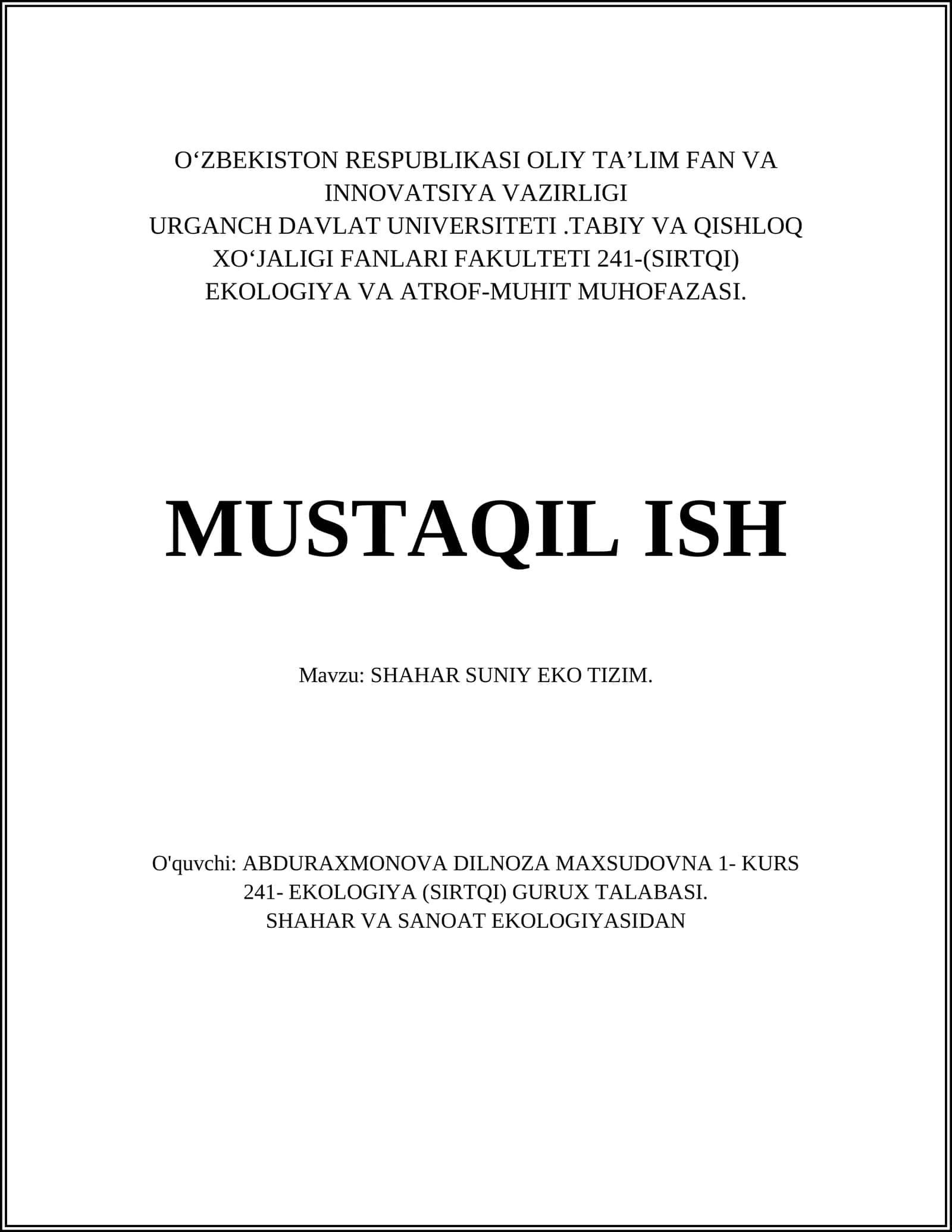 SHAHAR SUNIY EKO TIZIM