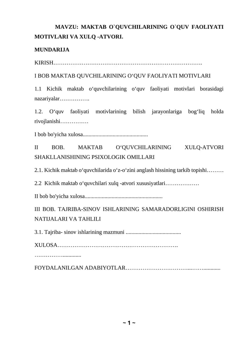 MAKTAB O`QUVCHILARINING O`QUV FAOLIYATI MOTIVLARI VA XULQ -ATVORI
