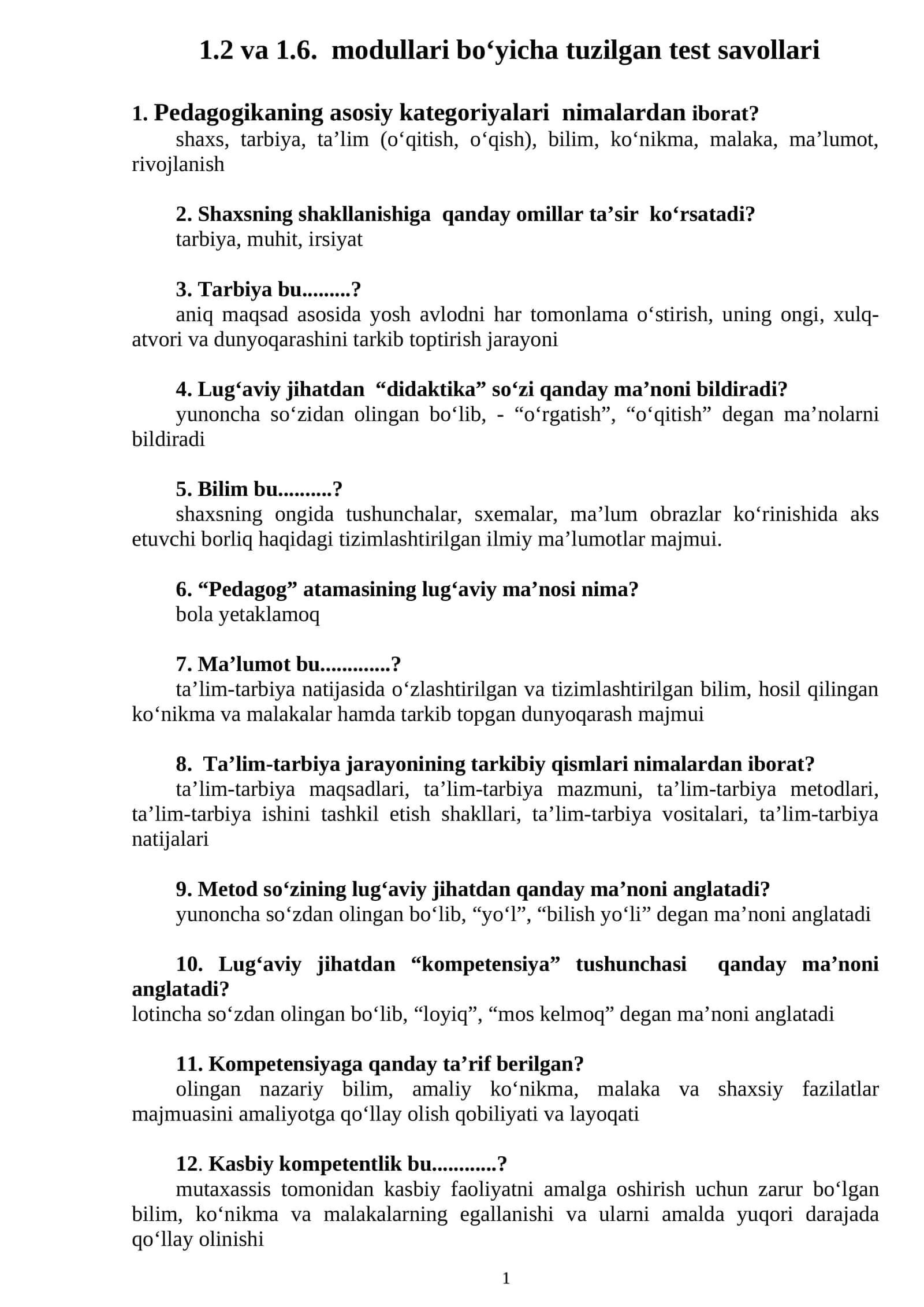 1.2 va 1.6. modullari bо‘yicha tuzilgan test savollari