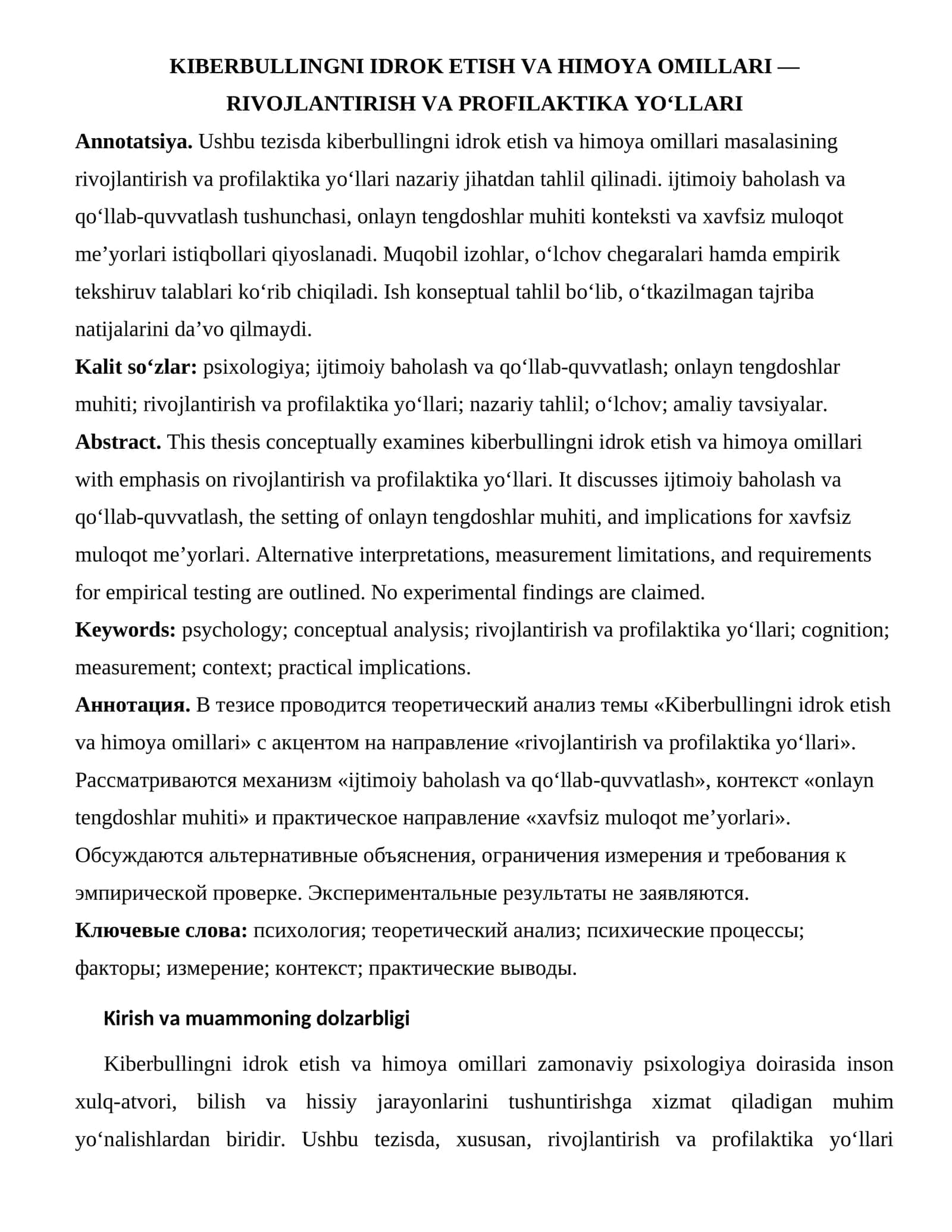 KIBERBULLINGNI IDROK ETISH VA HIMOYA OMILLARI