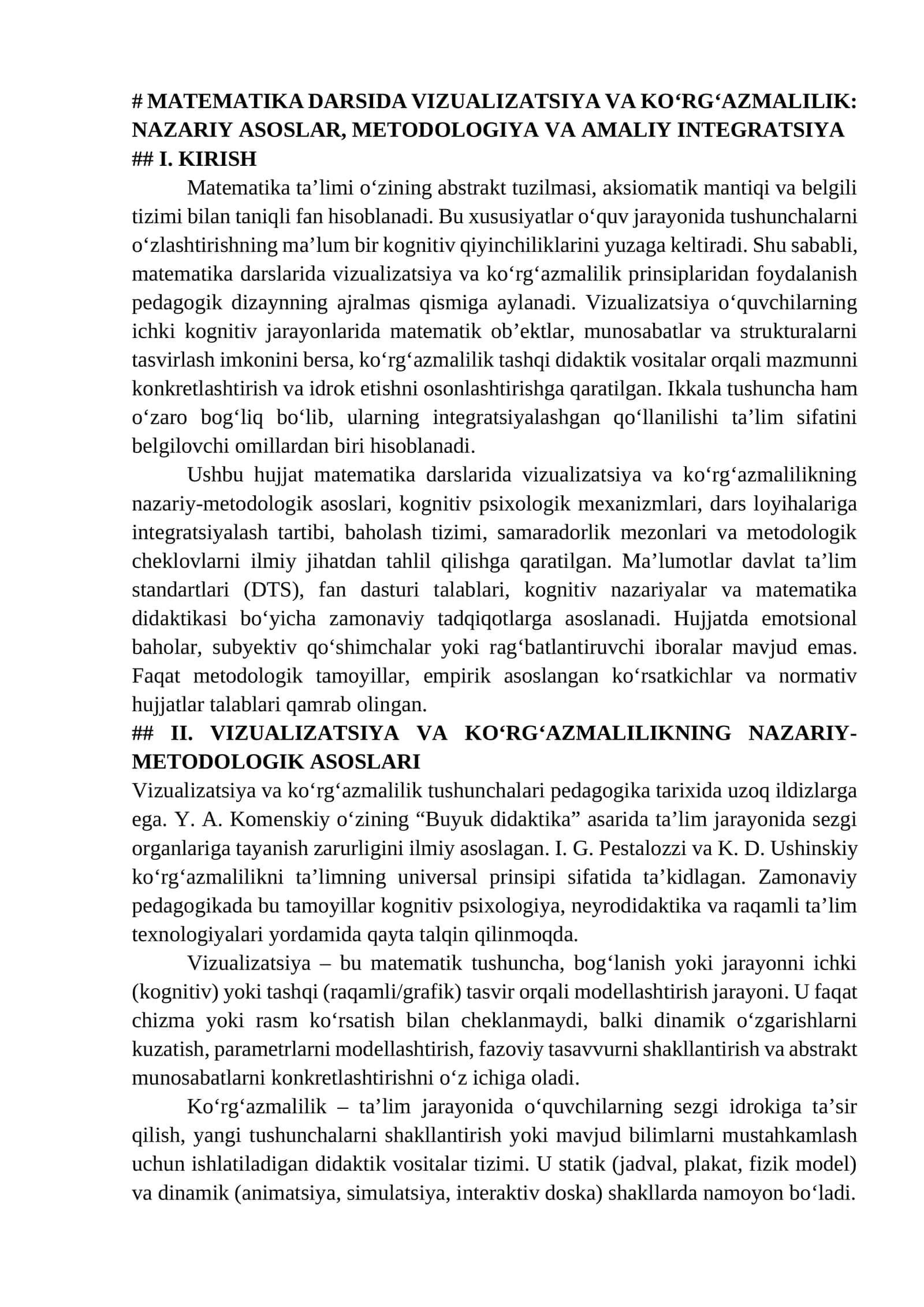 MATEMATIKA DARSIDA VIZUALIZATSIYA VA KO‘RG‘AZMALILIK: NAZARIY ASOSLAR, METODOLOGIYA VA AMALIY INTEGRATSIYA