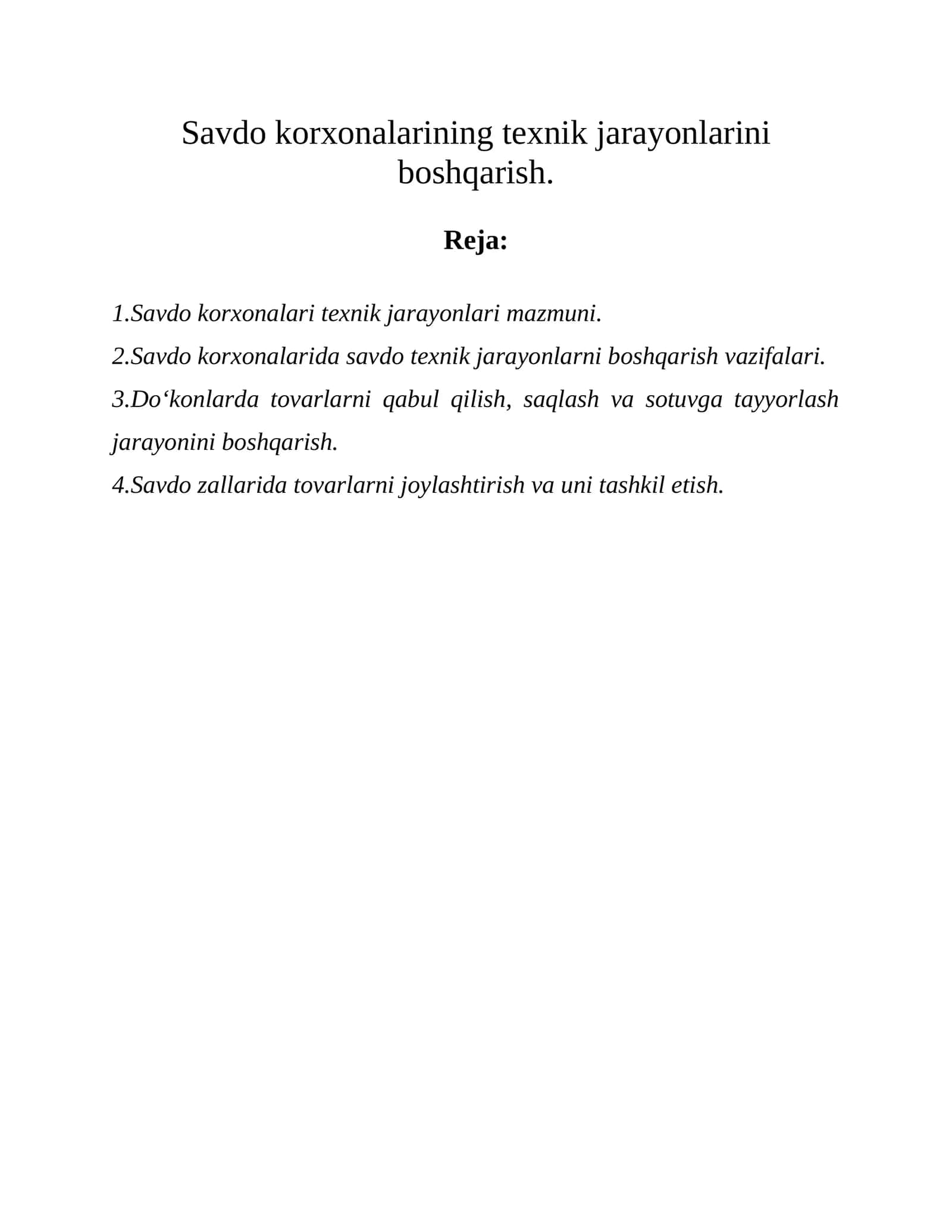 Savdo korxonalari texnik jarayonlarini boshqarish