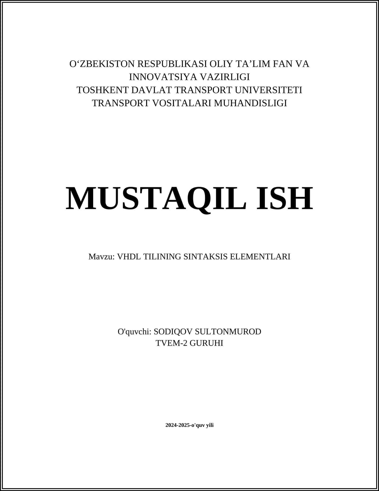 VHDL TILINING SINTAKSIS ELEMENTLARI