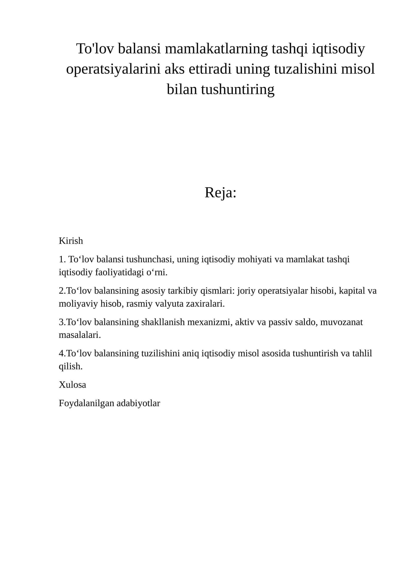 To'lov balansi tushunchasi va undagi mohiyati