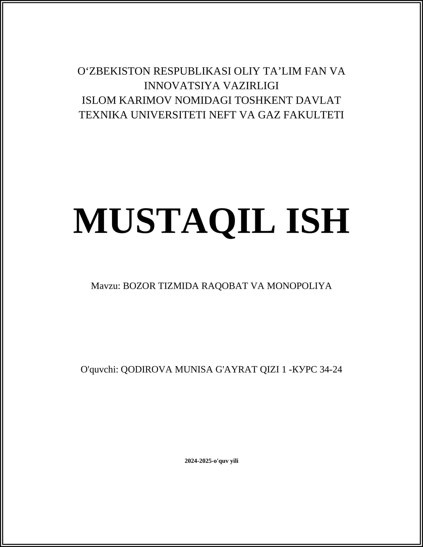 BOZOR TIZMIDA RAQOBAT VA MONOPOLIYA