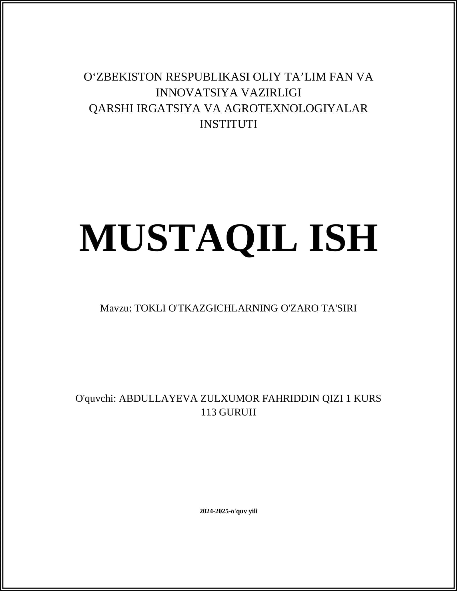 TOKLI O'TKAZGICHLARNING O'ZARO TA'SIRI