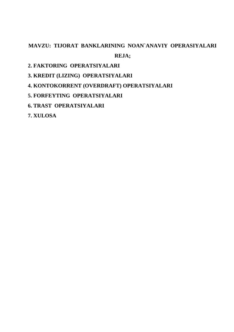 TIJORAT BANKLARINING NOAN`ANAVIY OPERASIYALARI