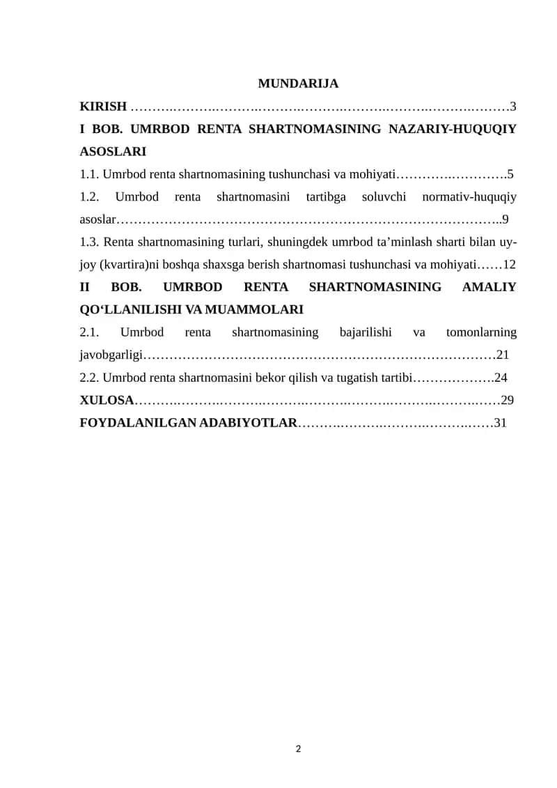 UMRBOD RENTA SHARTNOMASINING FUQAROLIK-XUQUQIY XUSUSIYATLARI