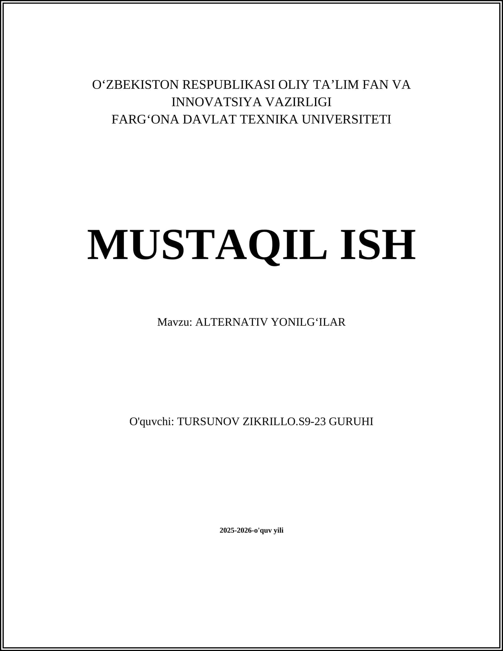 ALTERNATIV YONILGʻILAR