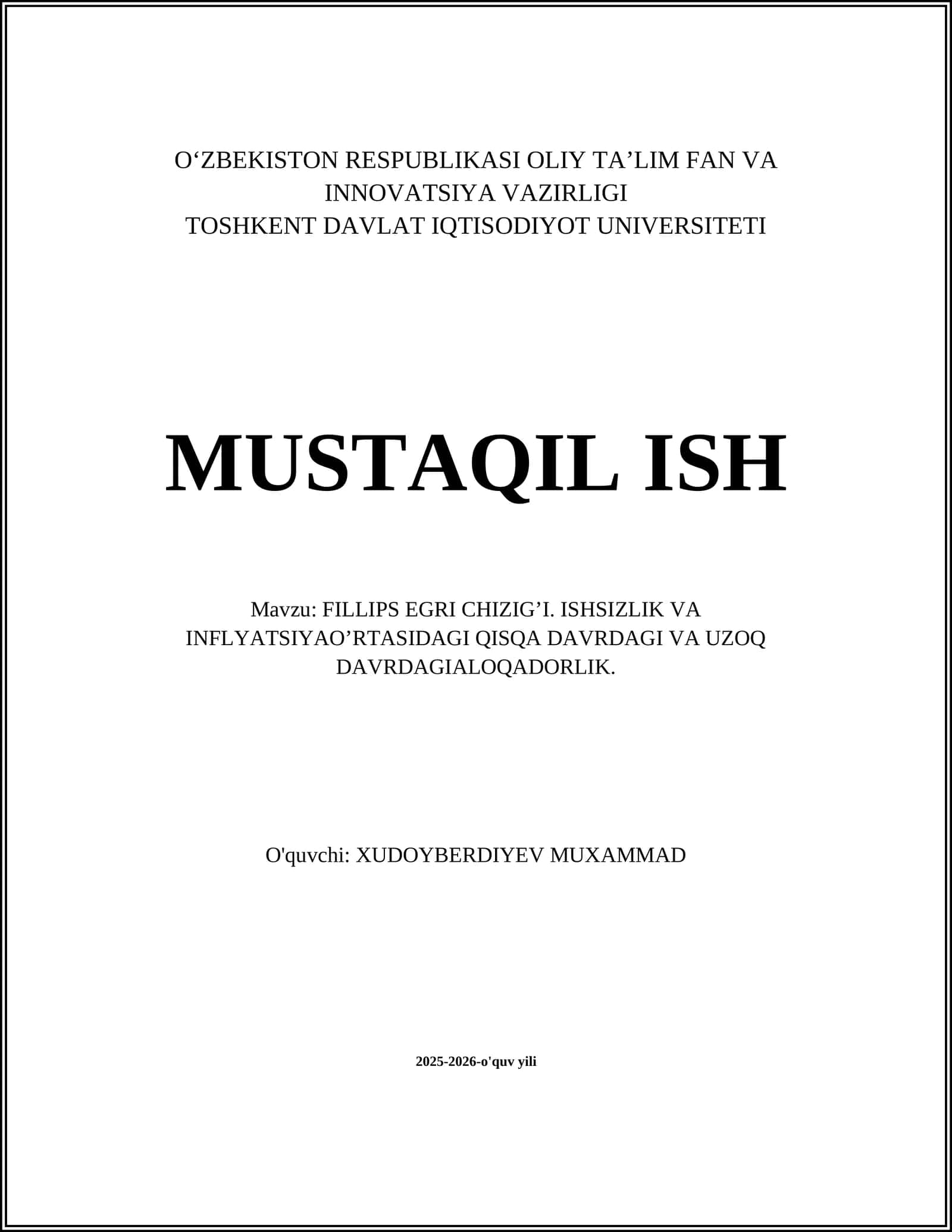 FILLIPS EGRI CHIZIG’I. ISHSIZLIK VA INFLYATSIYAO’RTASIDAGI QISQA DAVRDAGI VA UZOQ DAVRDAGIALOQADORLIK