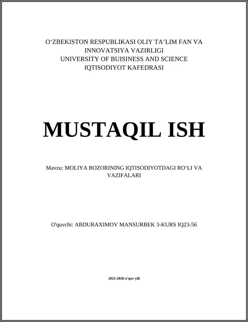 Moliya Bozorining IQTISODIYOTDAGI ROʻLI VA VAZIFALARI